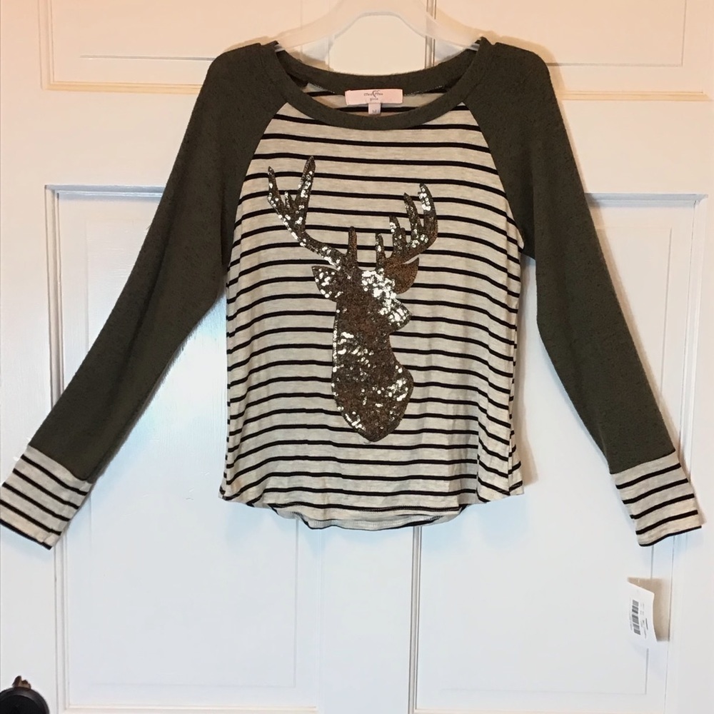 Moa Moa Girls Striped Sequin Reindeer Christmas Long Sleeve Shirt Size Med 6X-8 - Picture 2 of 6